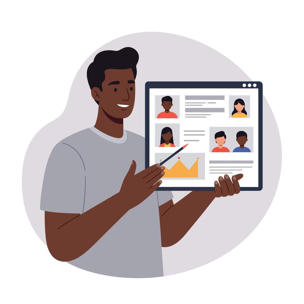 Man presenting online meeting with diverse people and data charts in digital interface illustration vector