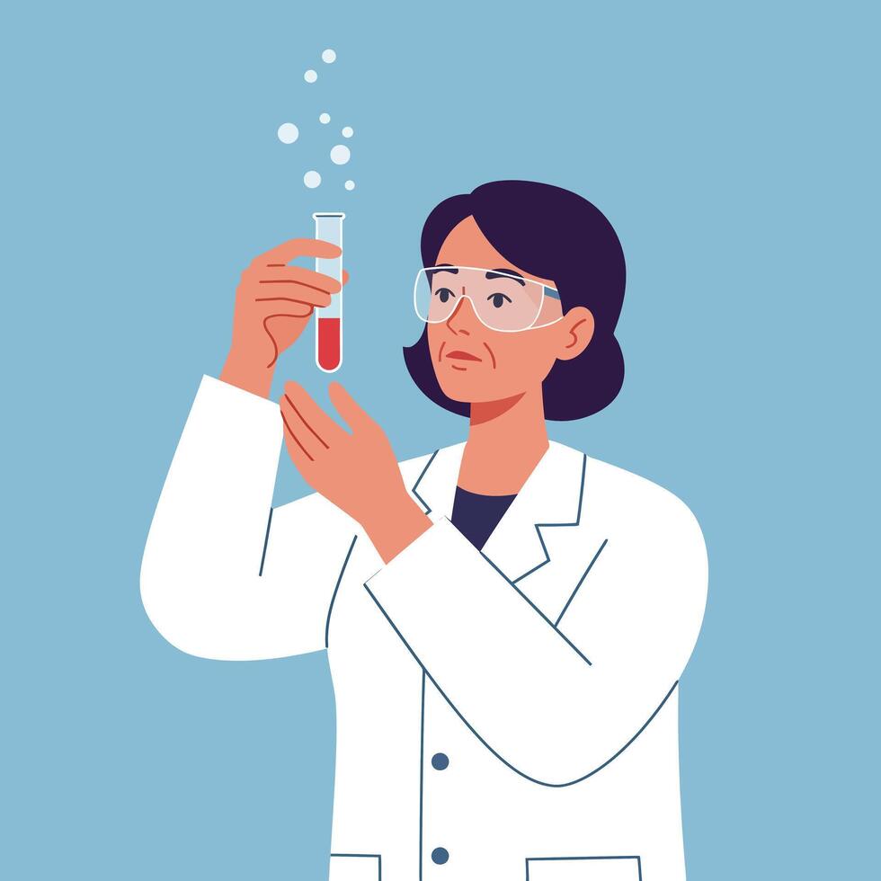 Female scientist analyzing liquid in test tube wearing protective glasses and white lab coat illustration vector