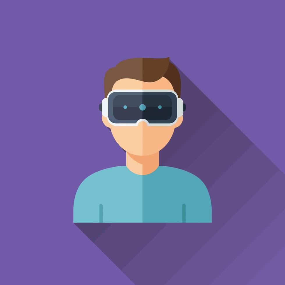 Man wearing virtual reality headset in flat style technology illustration with purple background and long shadow effect vector