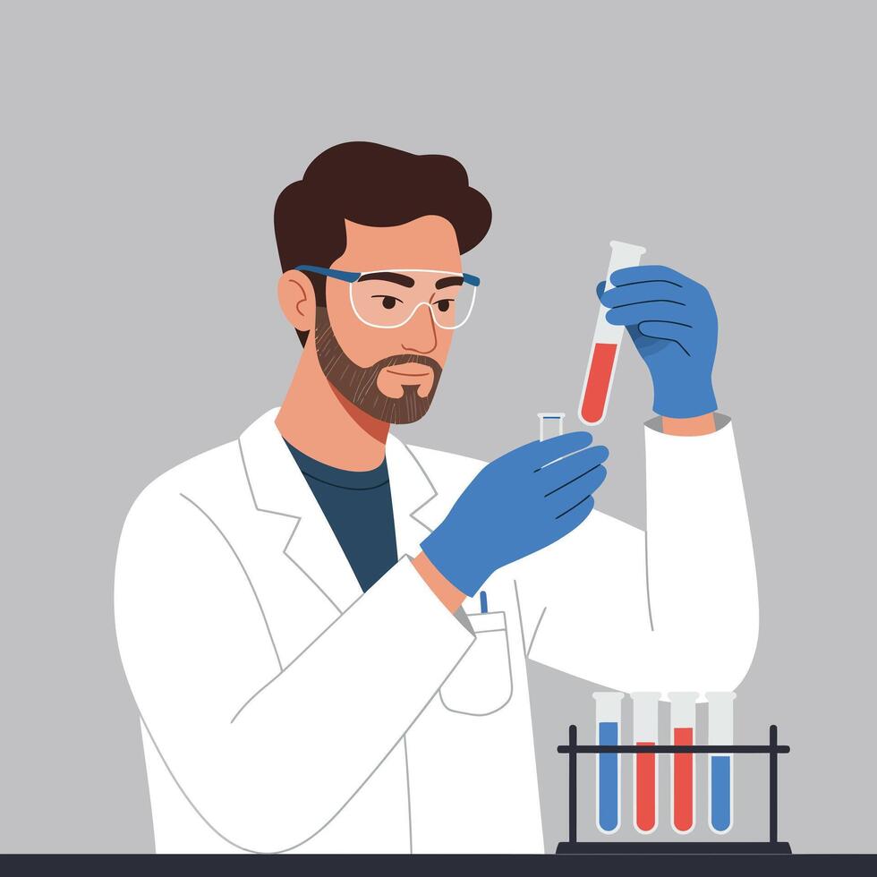 Scientist conducting chemical experiment with test tubes and laboratory equipment illustration vector