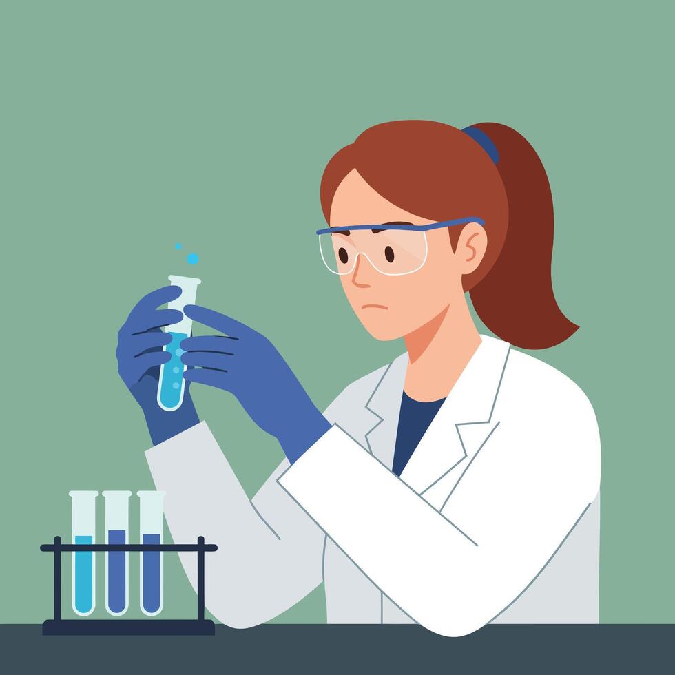 Female scientist examining test tube with blue liquid in laboratory research environment illustration vector