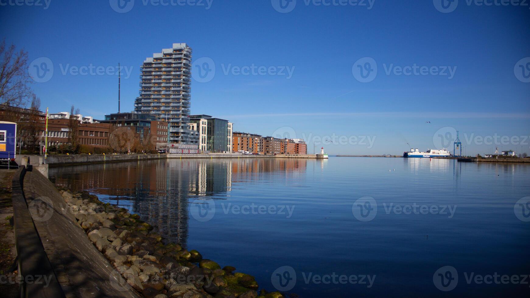 Office building illustration corporate urban, business facade near sea canal in city photo