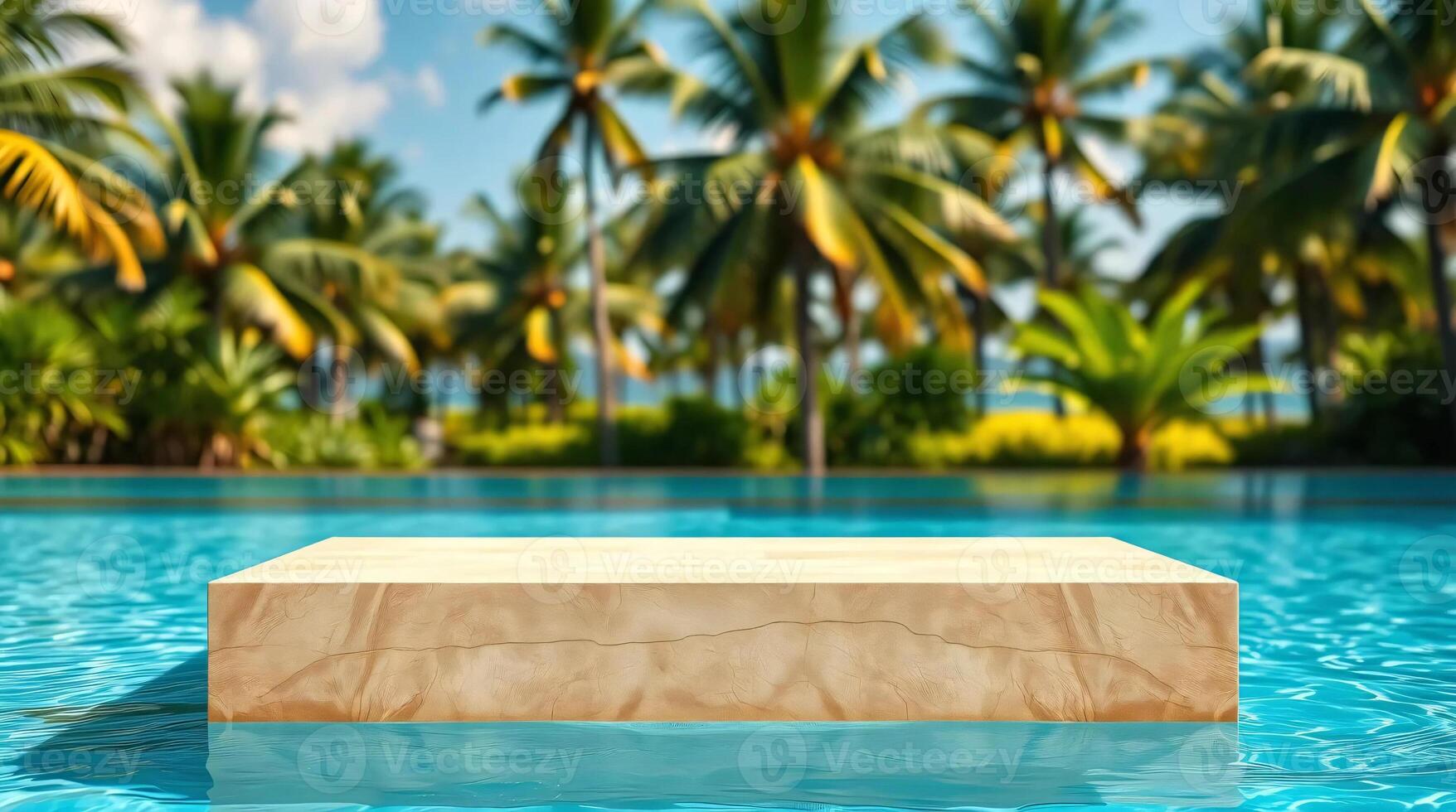 A wooden platform in the middle of a pool with palm trees photo