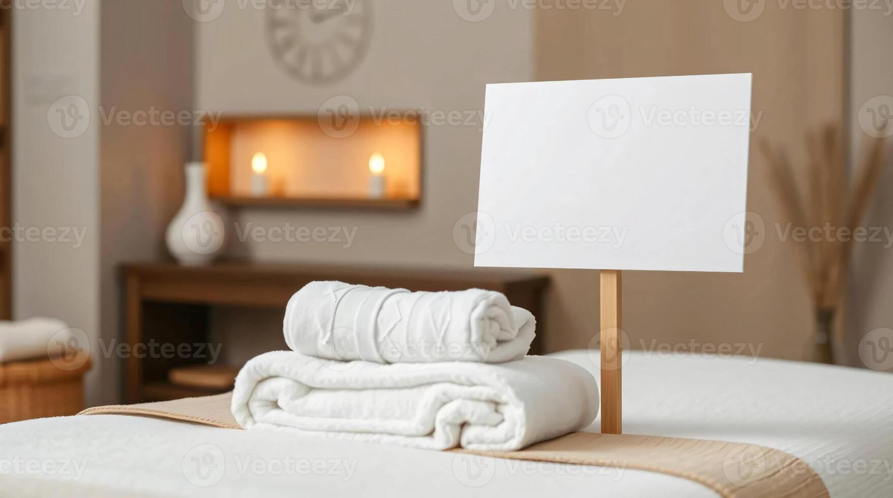 A white sign on a table with towels and a blank sign photo