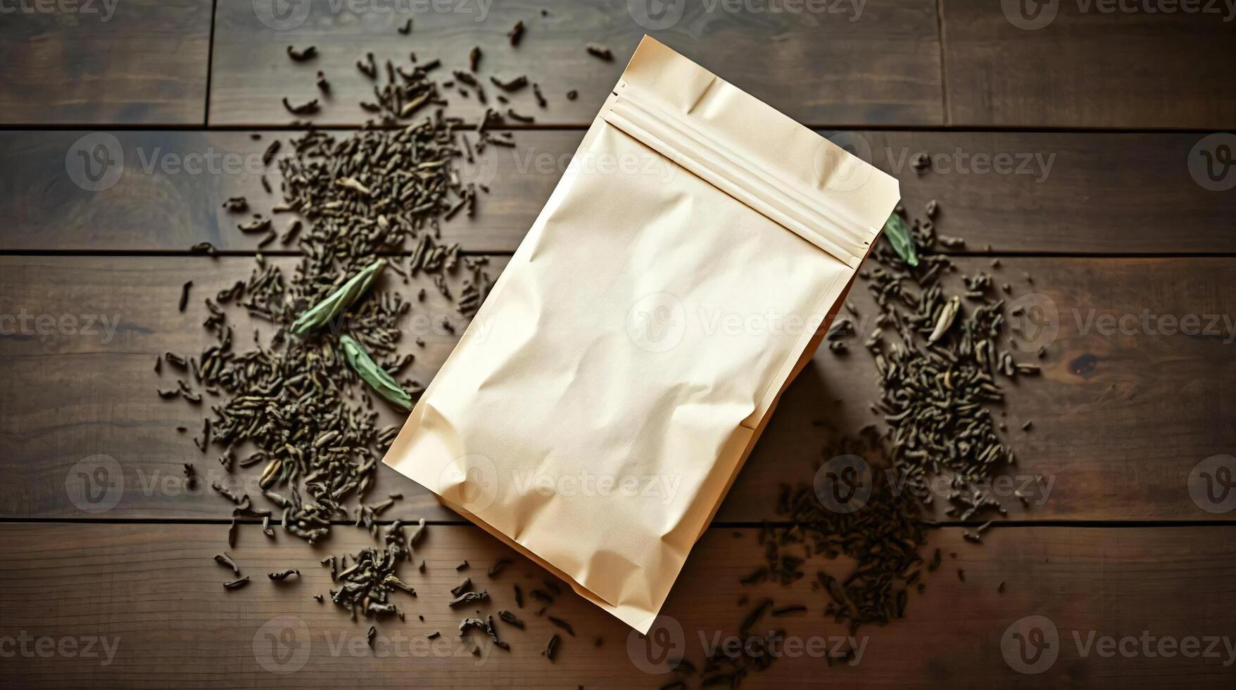 A bag of dried herbs and leaves on a wooden table photo
