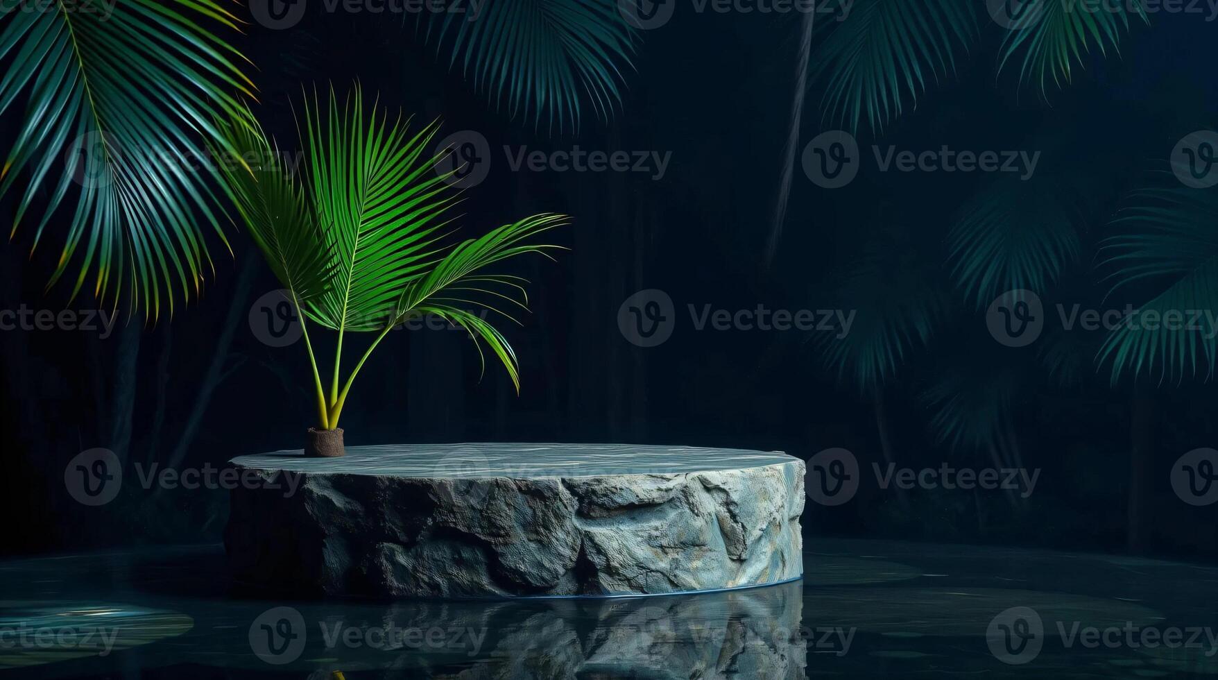 A palm tree sits on a rock in the middle of a pond photo