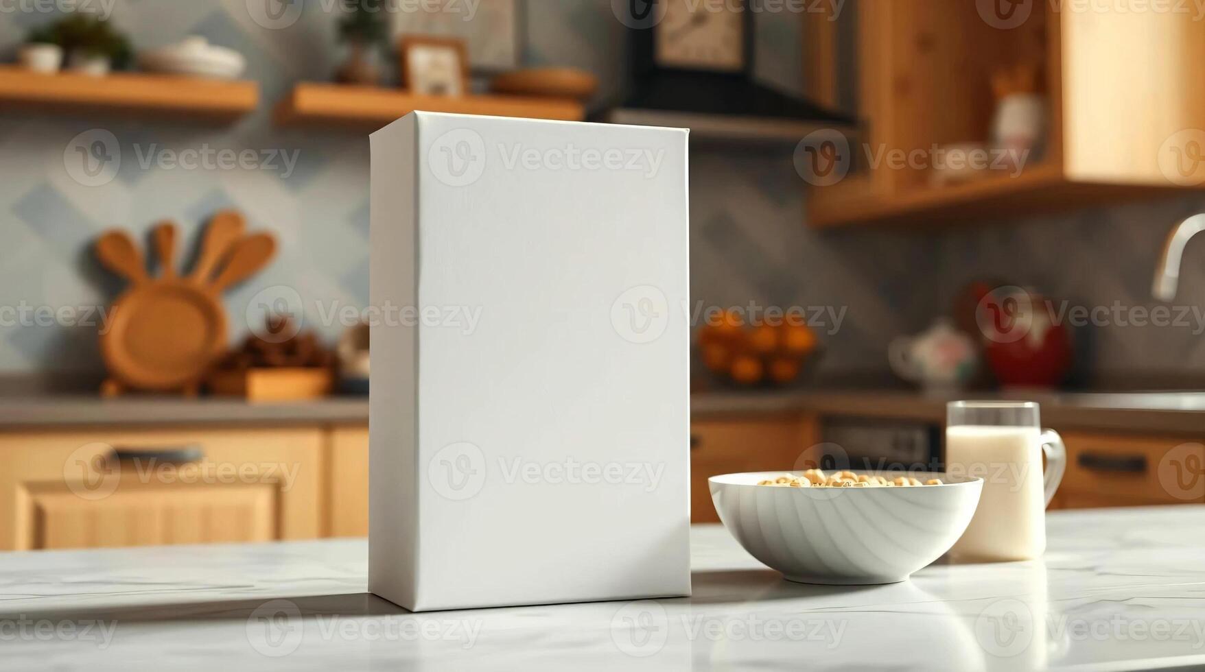 A white box sitting on a counter next to a bowl of cereal photo