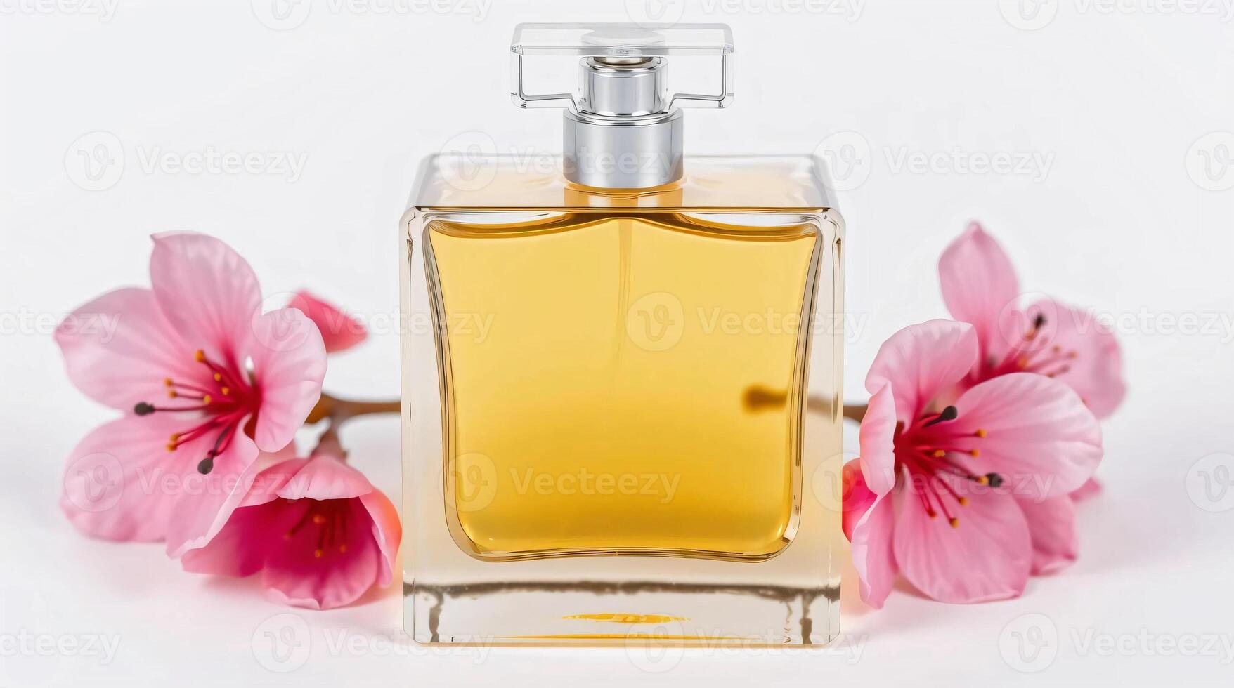 A perfume bottle with pink flowers on a white background photo