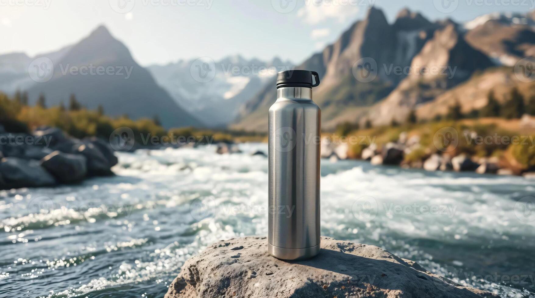 A stainless steel water bottle sitting on a rock in front of a mountain photo
