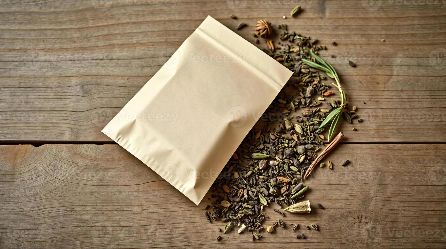 A bag of herbs and spices on a wooden table photo
