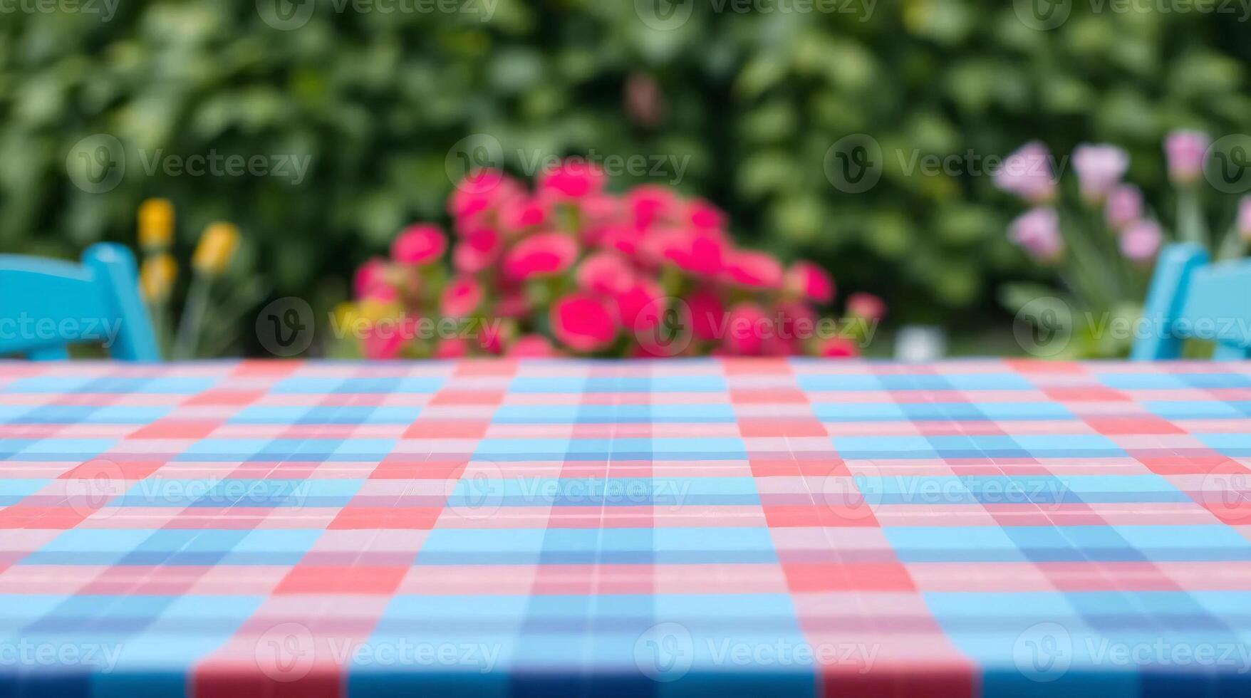 A table with a red and blue checkered tablecloth photo