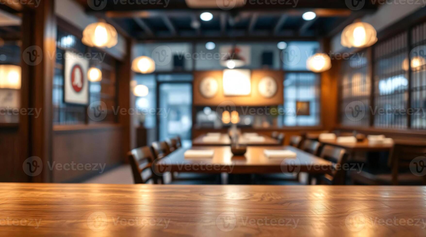 Empty restaurant table with wooden table and chairs photo