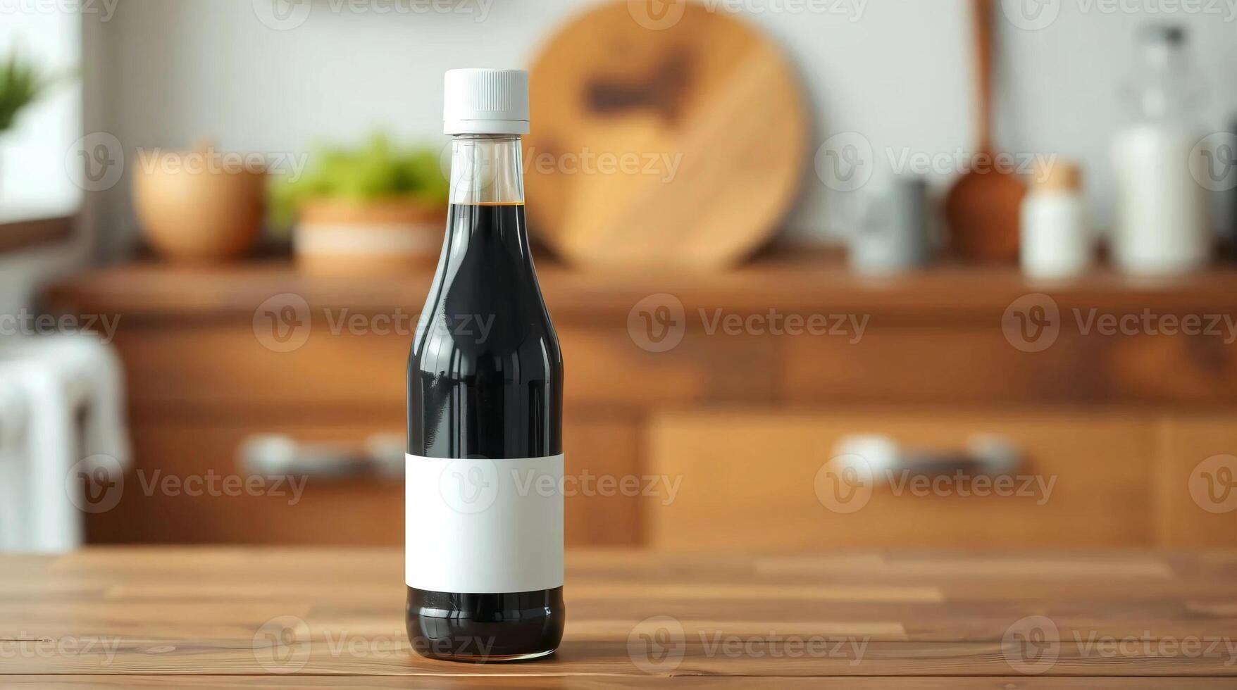 A bottle of soy sauce sitting on a wooden table photo