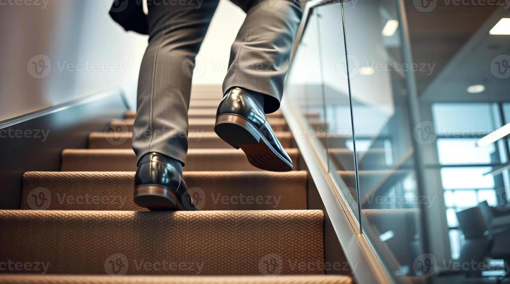 A person in business attire walking up stairs. photo