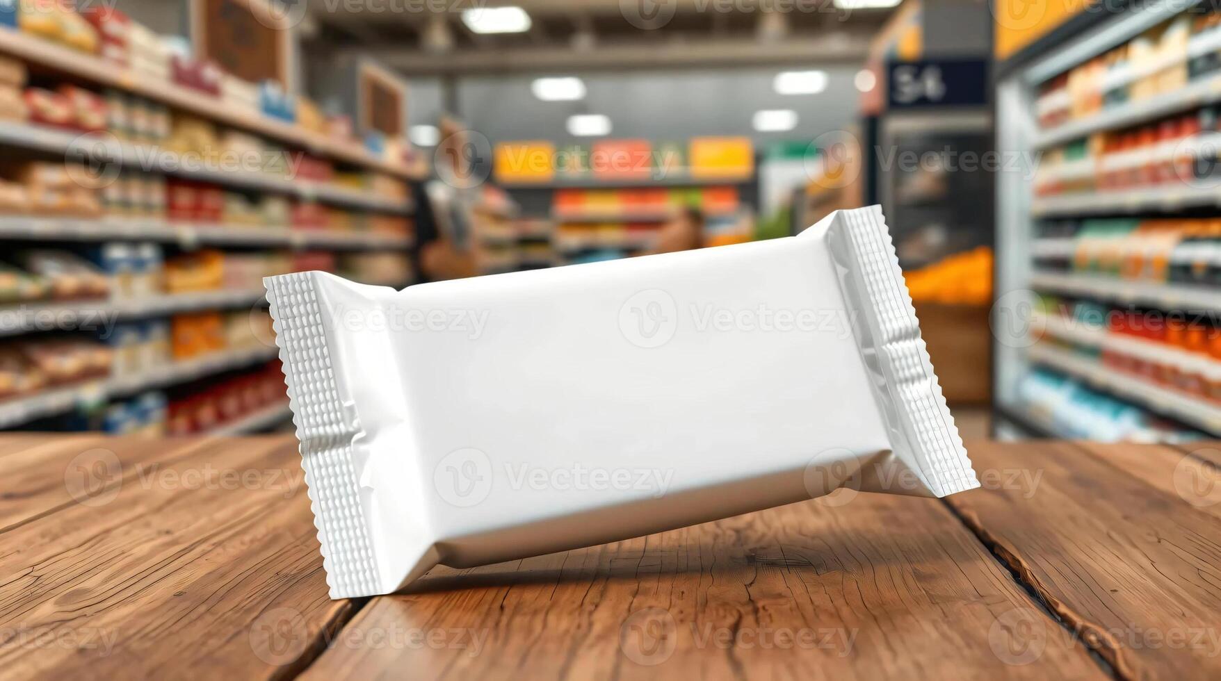 White paper packet on wooden table in supermarket photo