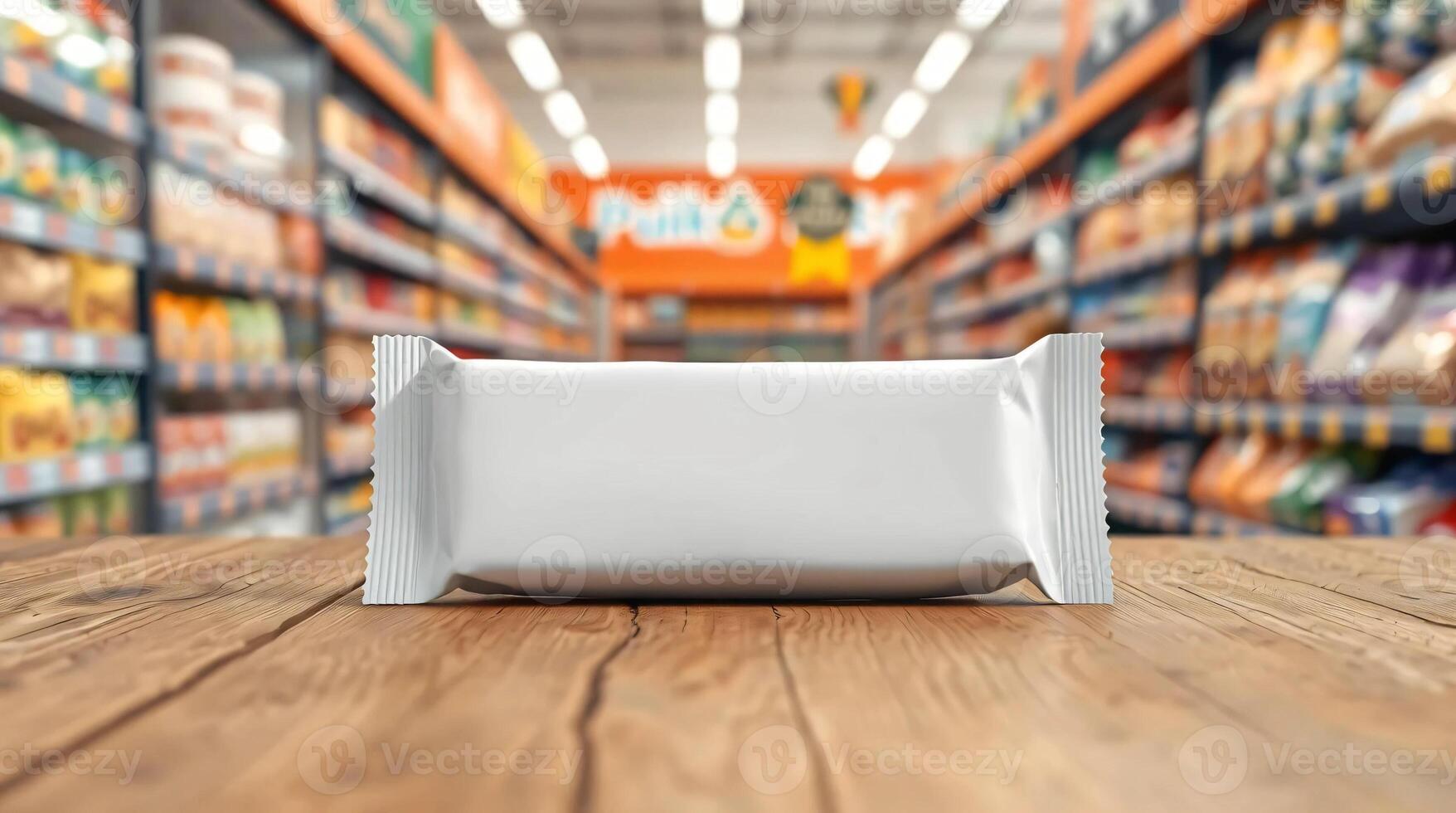 A white bag sitting on a wooden table in a supermarket photo