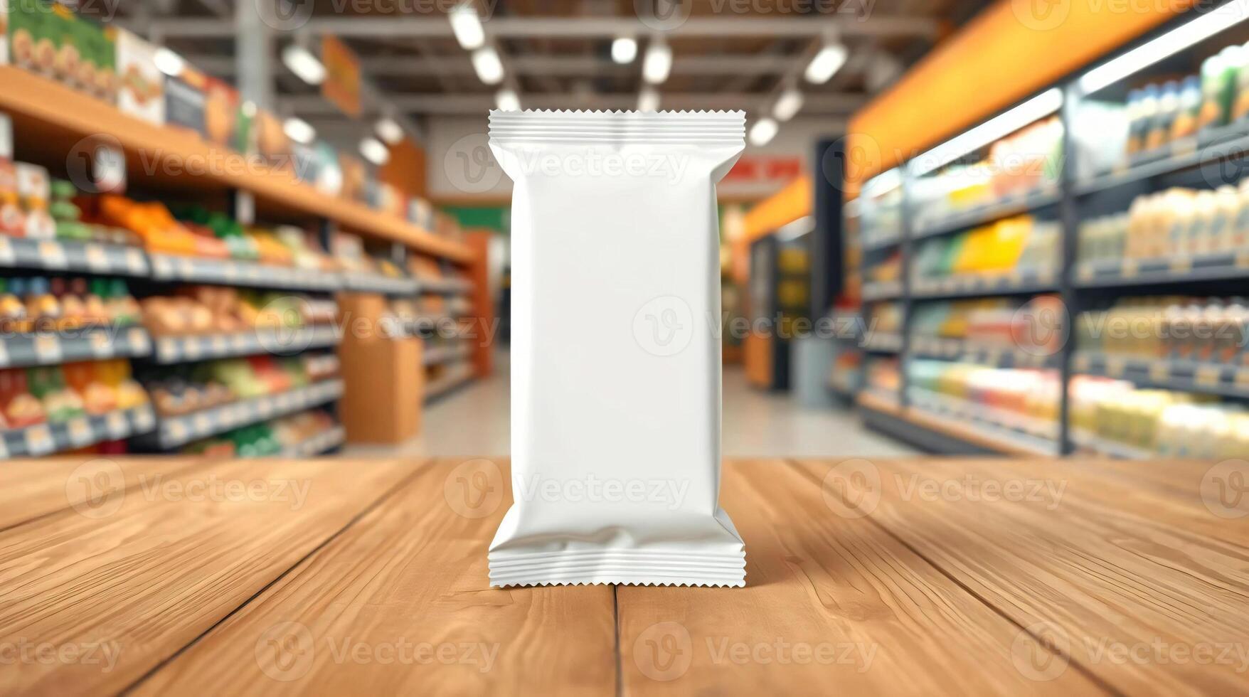A white wrapper is sitting on a table in front of a grocery store photo