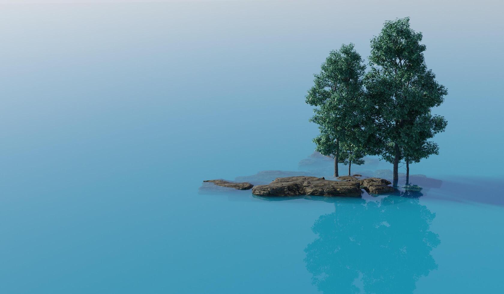 Tree on a small island, water surface, lake, illustration photo