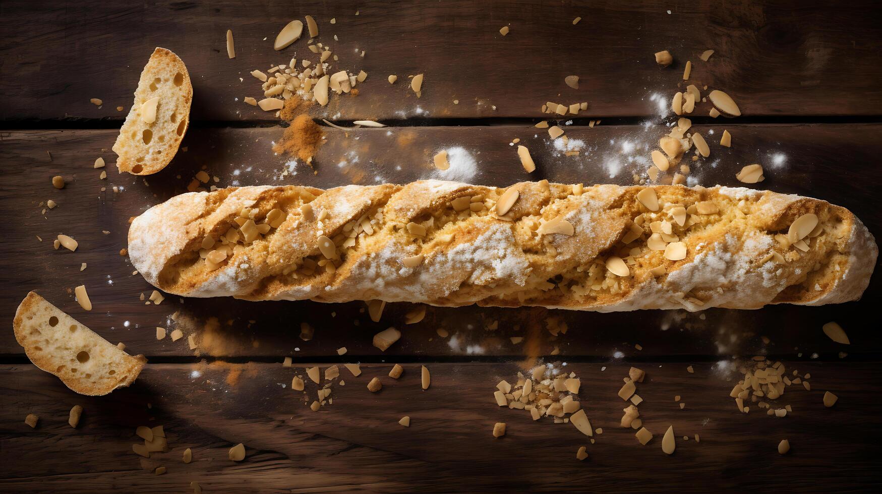 Top view of golden biscotti on rustic wooden board photo