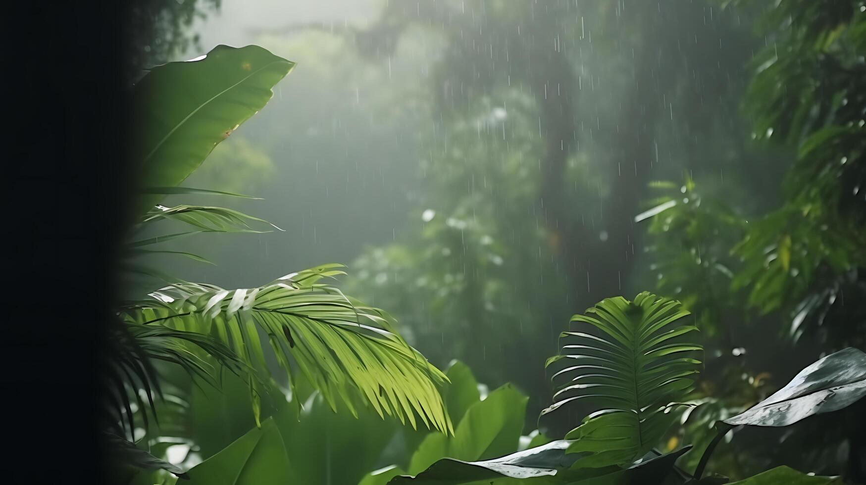 Rain-drenched leaves in a tropical jungle with mist rising photo