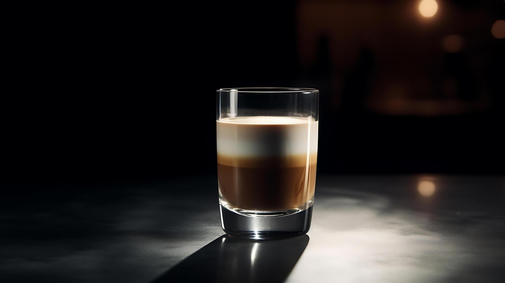 Macchiato in a clear glass, strong espresso topped with fresh milk photo