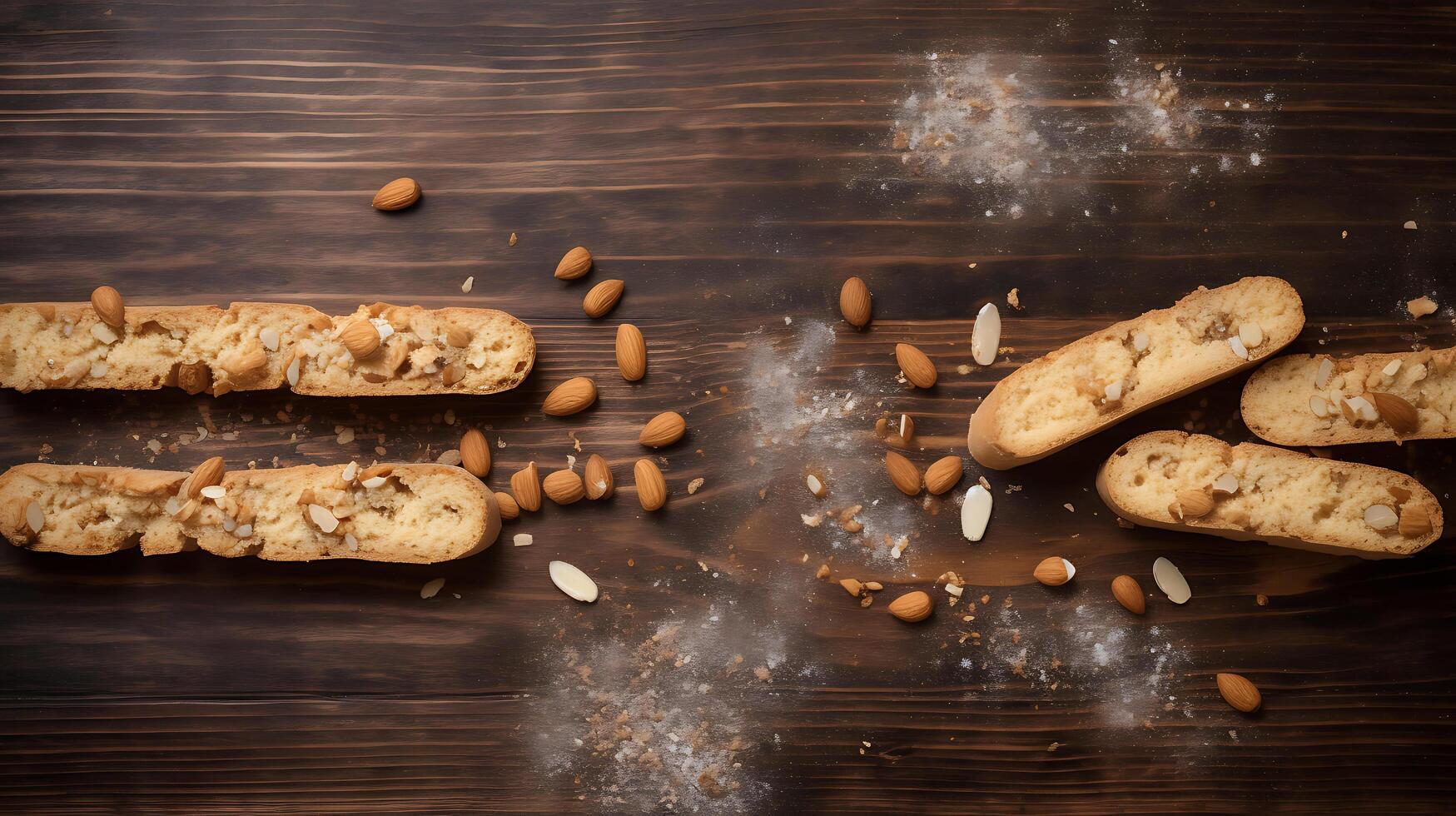 Top view of biscotti and almonds on rustic wooden board photo