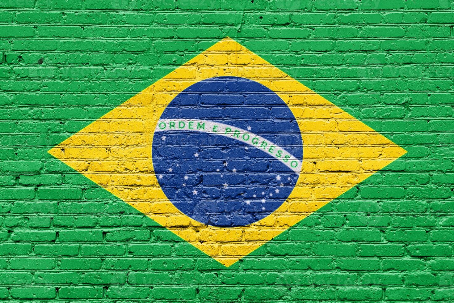 Grunge Brazil Flag Painted on Wooden Tag with Yellow and Green Design photo