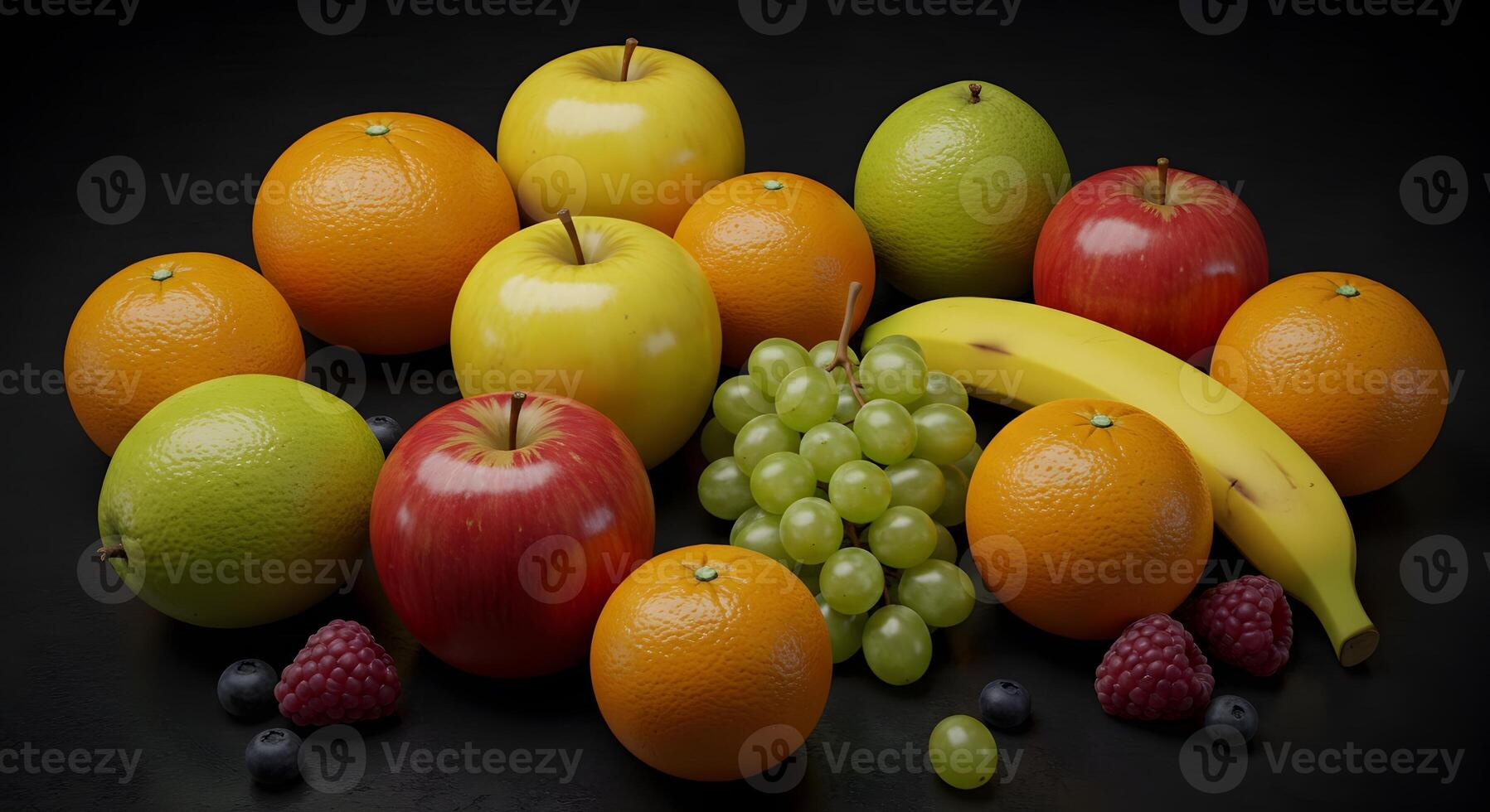 Vibrant Fruit Still Life A Colorful Array of Apples, Oranges, and Grapes photo