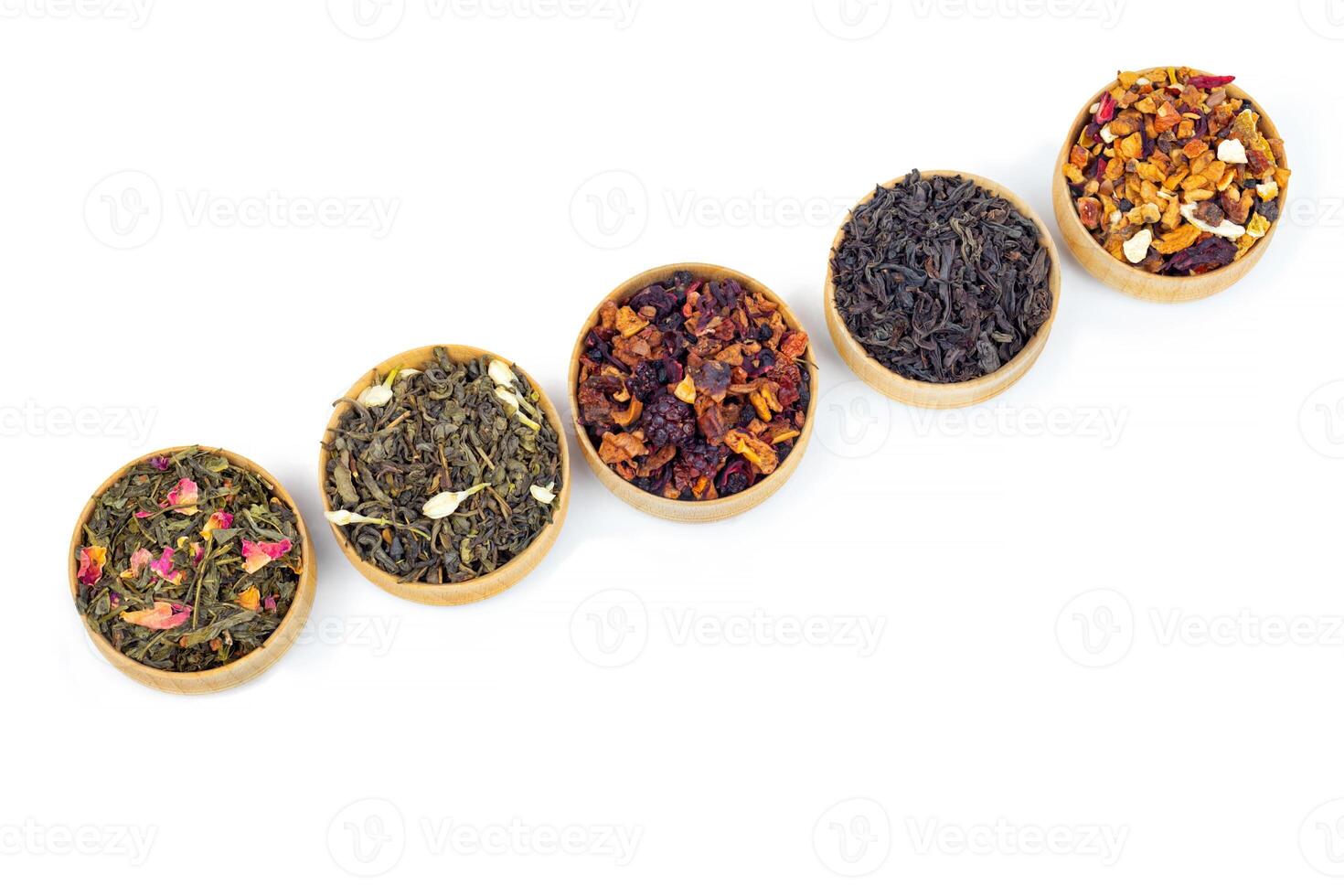 types of tea on a white background. a kind of delicious fruit tea. photo