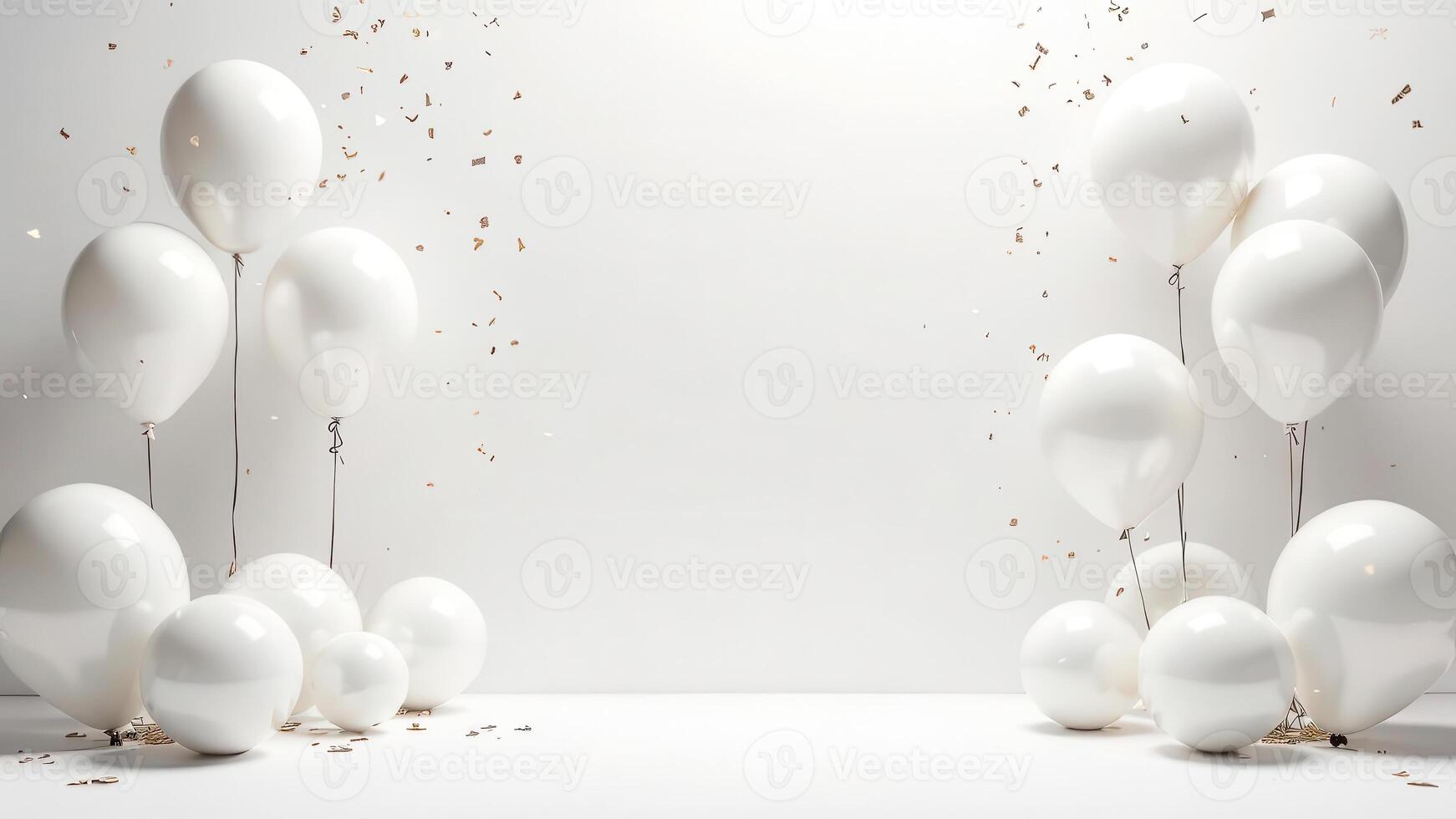 White festive room mockup scene with empty blank space for text, bright studio light, minimalistic party with balloons and confetti, elegant holiday Total white concept for trendy product placement photo