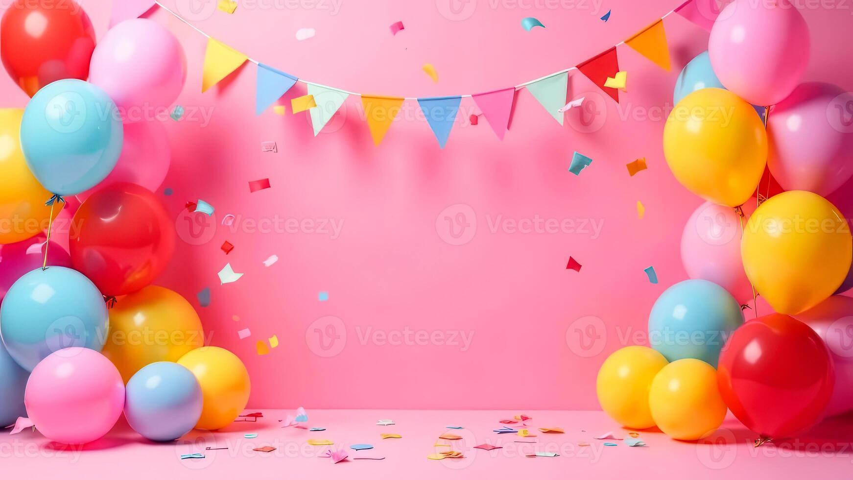Festive childrens birthday scene mockup with a empty space for text and framed by colorful balloons and confetti, pink celebration girl room for product presentation, bright red wall on background photo