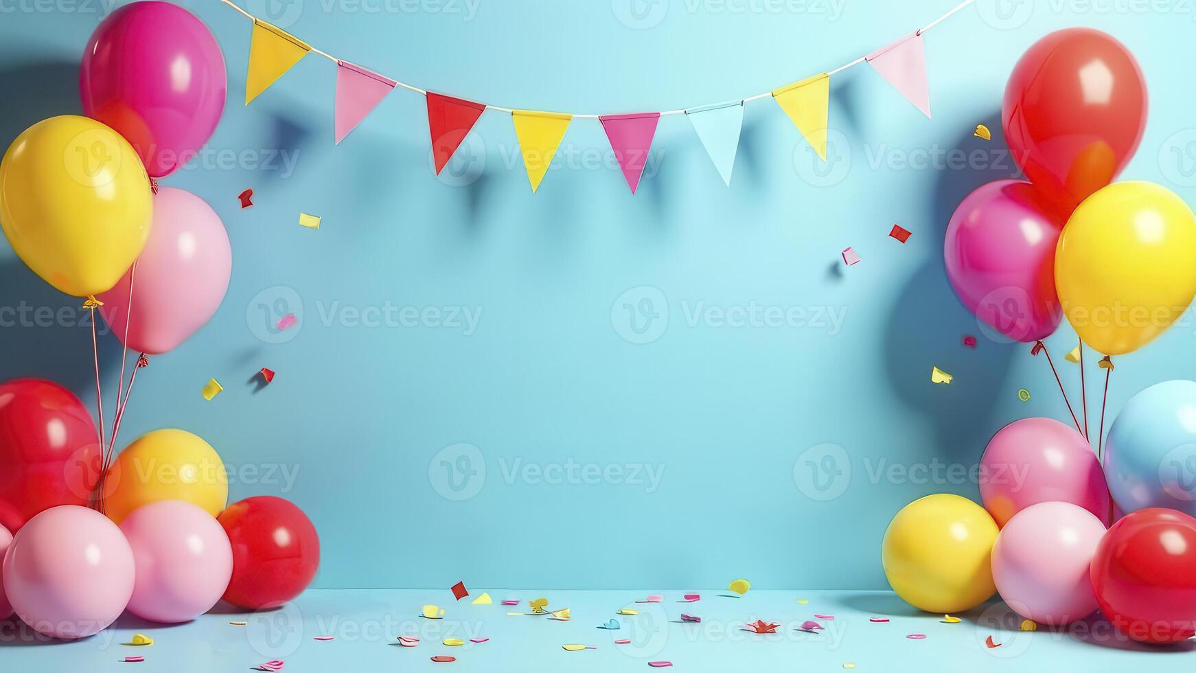 Blank space festive mockup, empty space for text, blue celebration room concept for boy birthday party with colorful balloons, flag and confetti for product presentation, bright wall on background photo