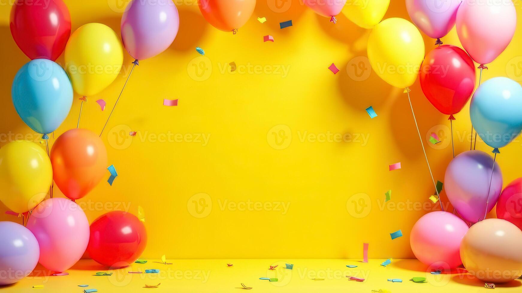Birthday party room concept mockup with a blank space for text and framed by colorful balloons and confetti for adding promotional messages or event invitations, bright yellow wall on background photo