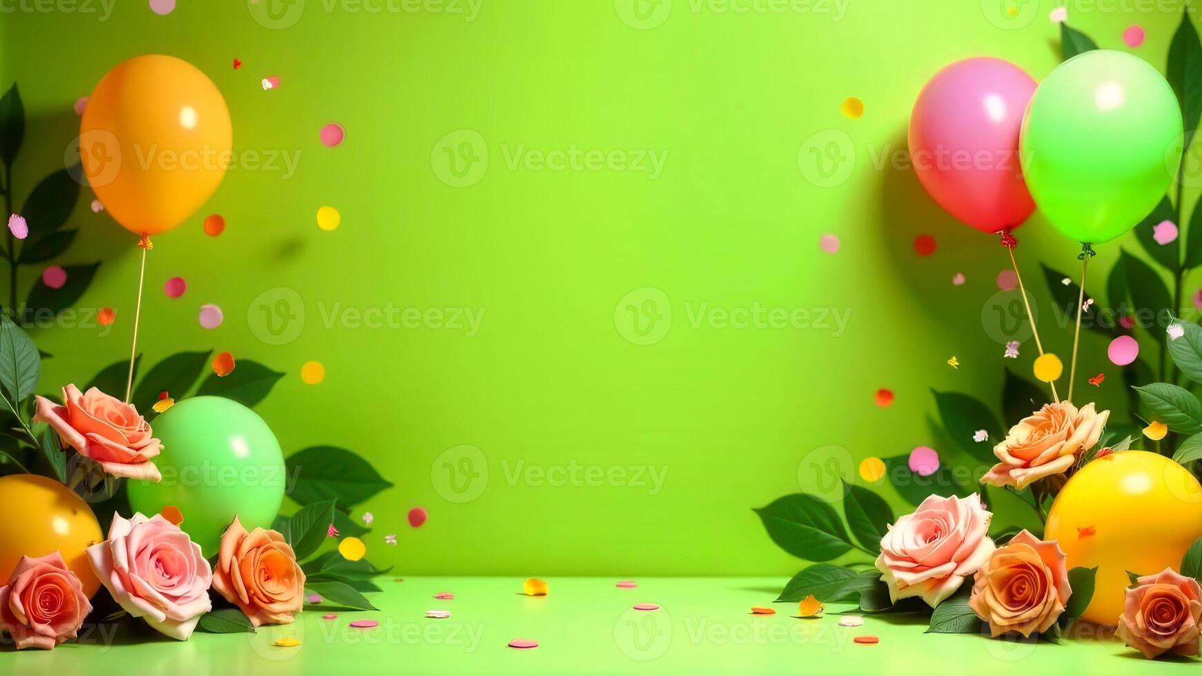 Nature festive green empty room mockup scene with a blank space for text, minimalistic holiday style with balloons, rose flowers and plants, elegant floral bright concept for summer product placement photo