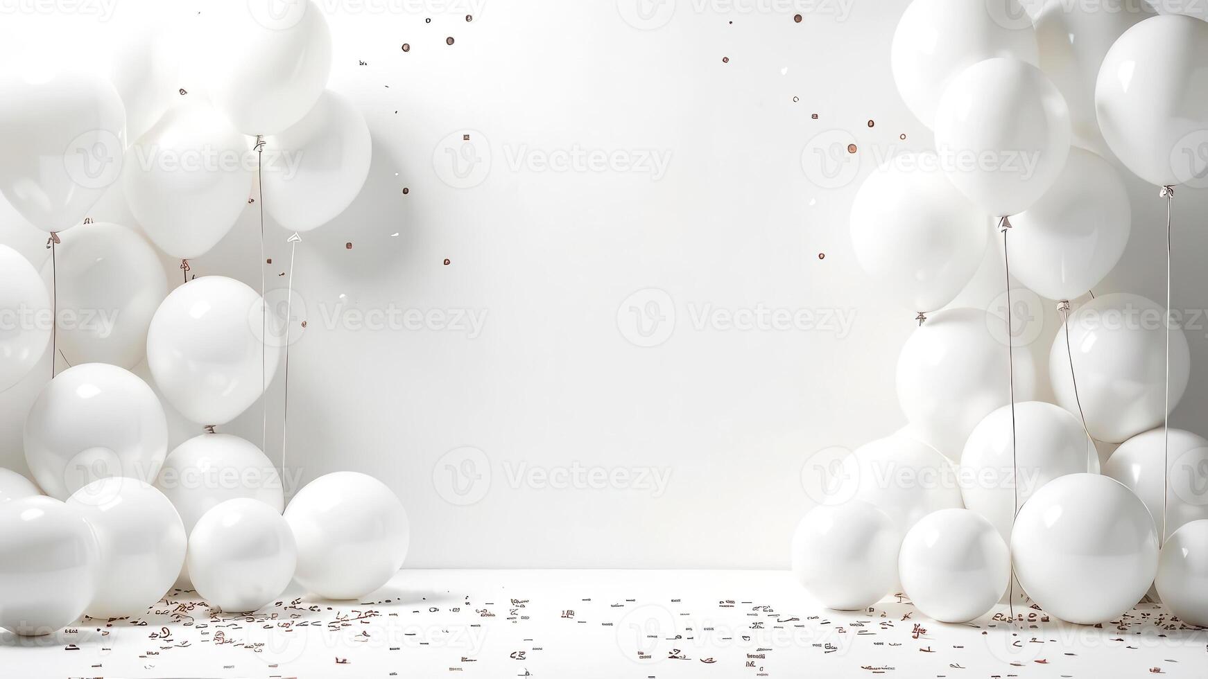 White festive empty room mockup scene with a blank space for text, minimalistic party with white balloons and golden confetti, elegant Surprise holiday Total white concept, bright studio light photo