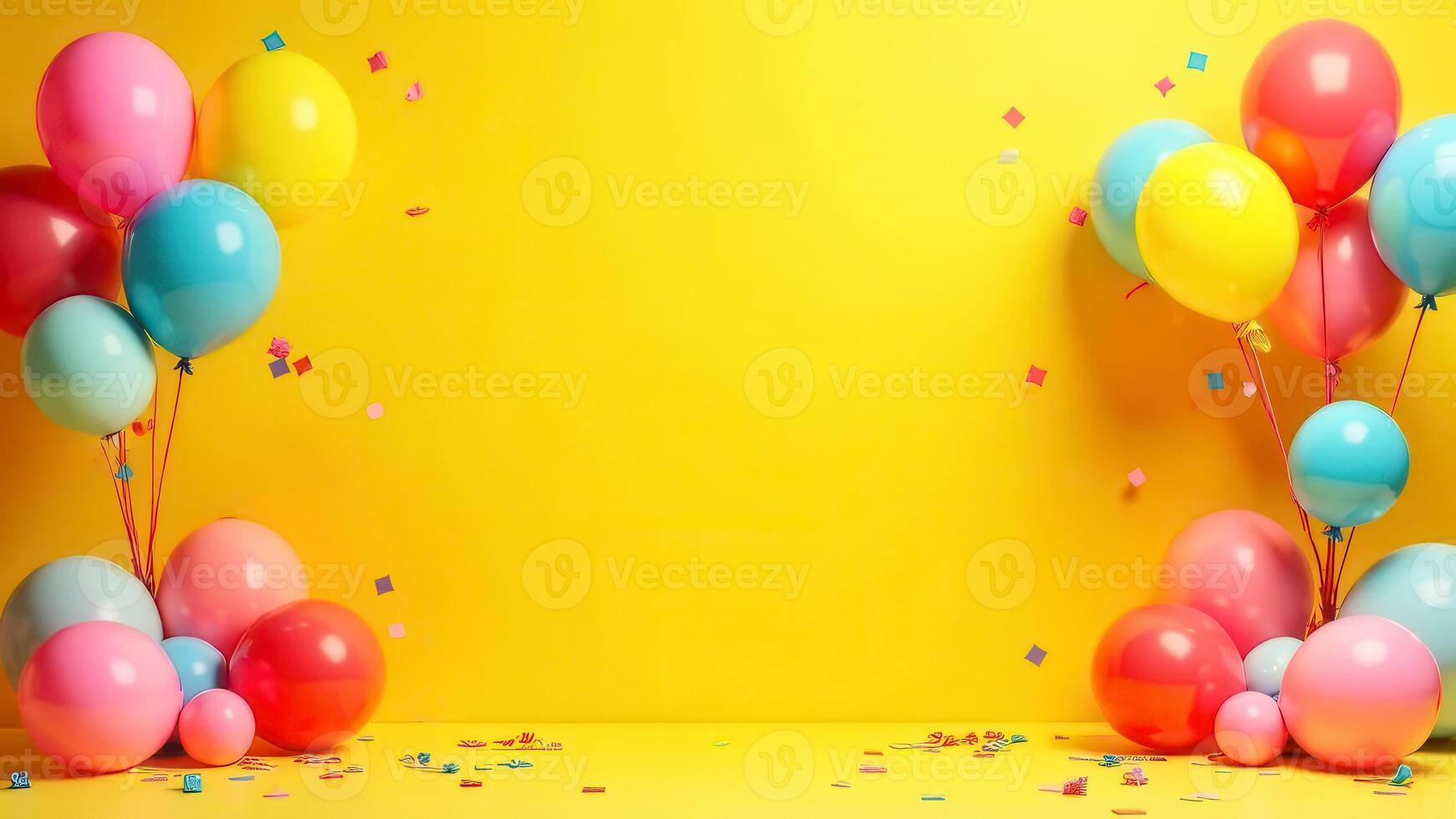 Birthday party room scene mockup with Festive atmosphere, blank space for text on the vibrant yellow wall, colorful balloons and confetti for product presentation or congratulations photo