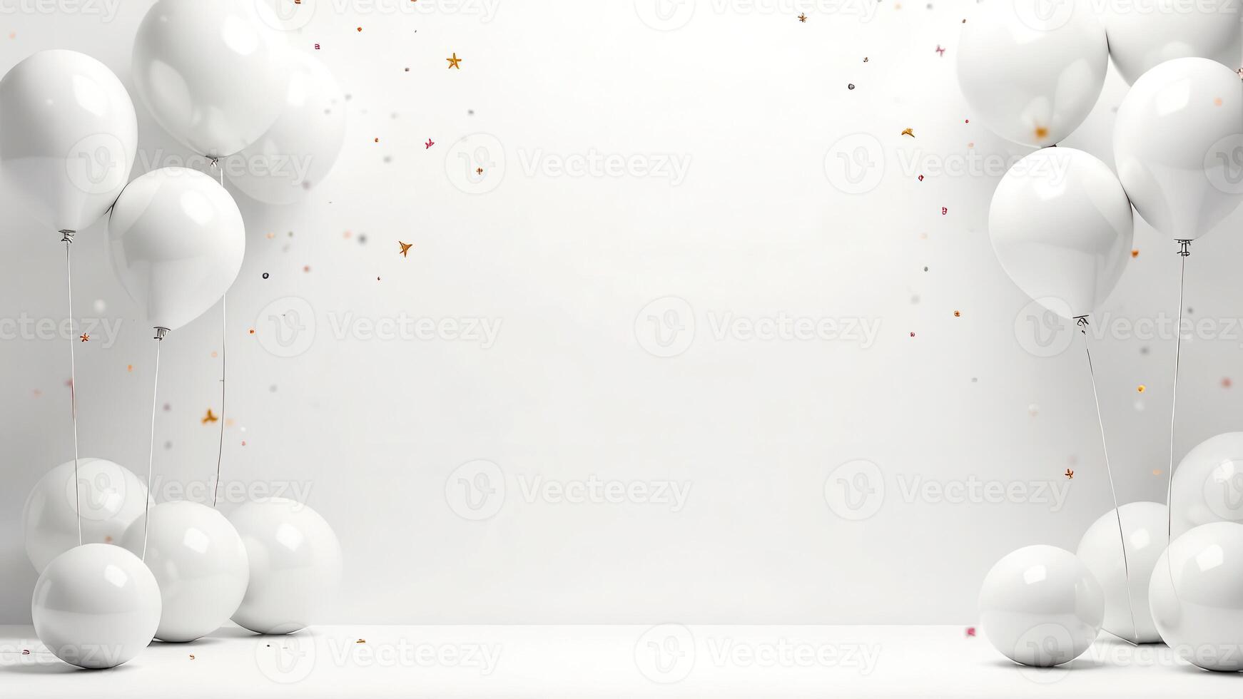 Total white festive empty room mockup scene with a blank space for text, minimalistic party style with white balloons and golden confetti, elegant Surprise holiday concept, white on white studio light photo