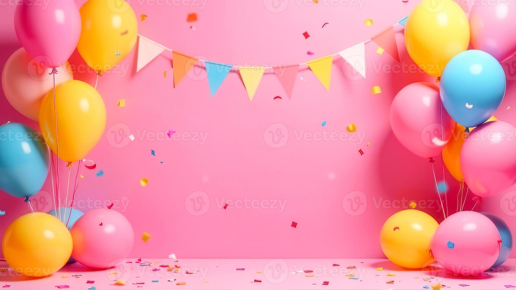 Festive mockup with a blank space for text, pink celebration empty room concept of girl birthday party with colorful balloons, flag and confetti for product presentation, bright red wall on background photo