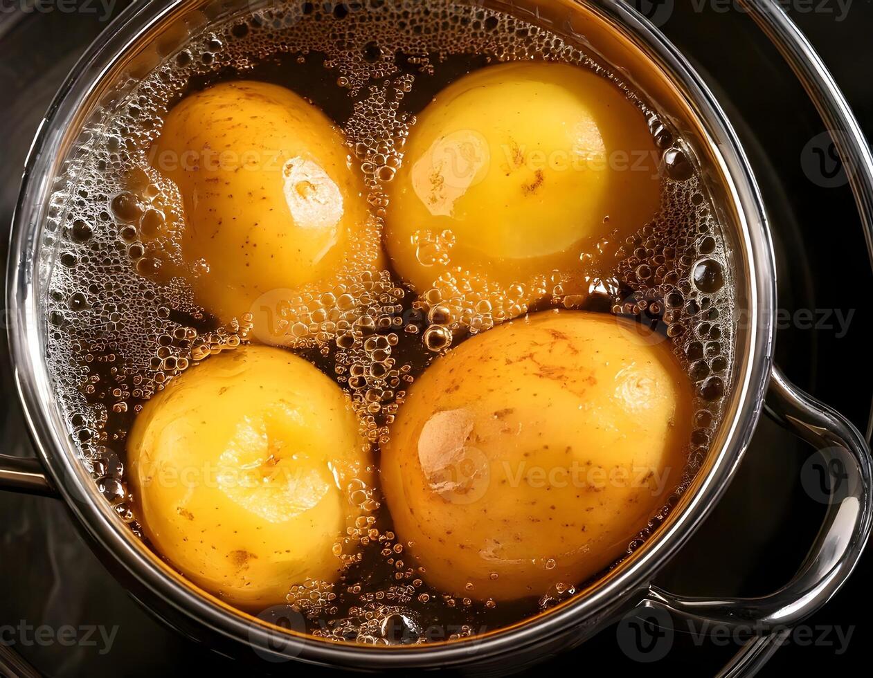 Potatoes boiling in pot photo