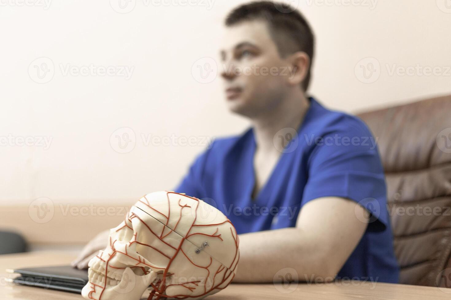 model of a human skull, in the background a doctor man is a blurred silhouette photo