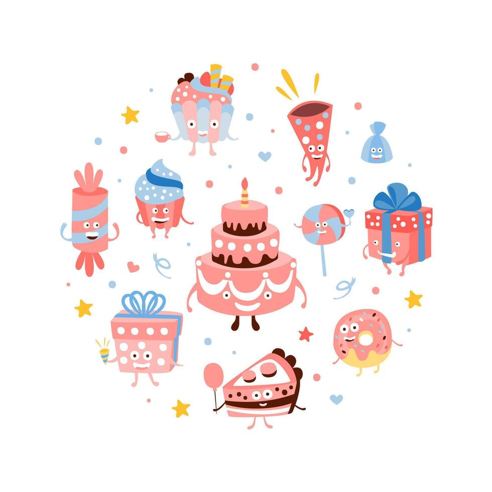 Birthday Party Banner Template with Cute Sweets and Desserts Characters of Round Shape Cartoon Illustration vector