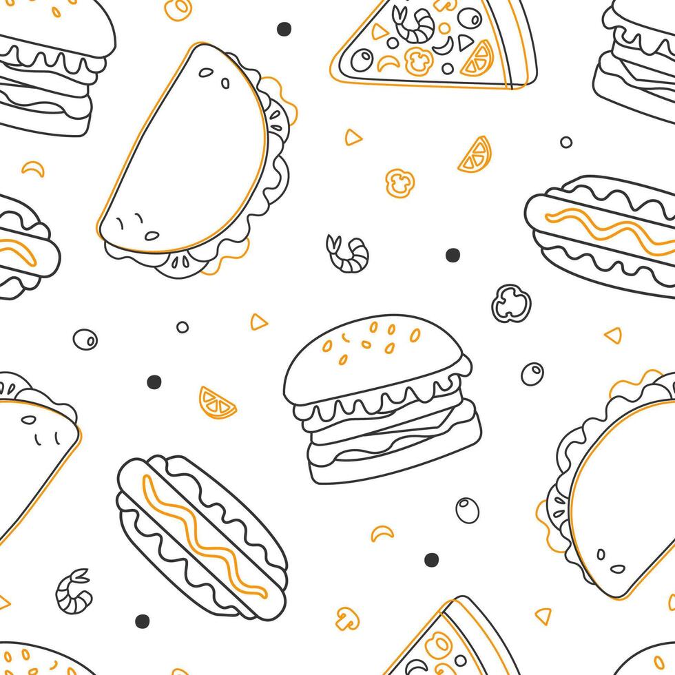 Fast Food Seamless Pattern, Restaurant or Cafe Menu Design Element Can Be Used for Fabric, Wallpaper, Packaging, Background Linear Illustration vector