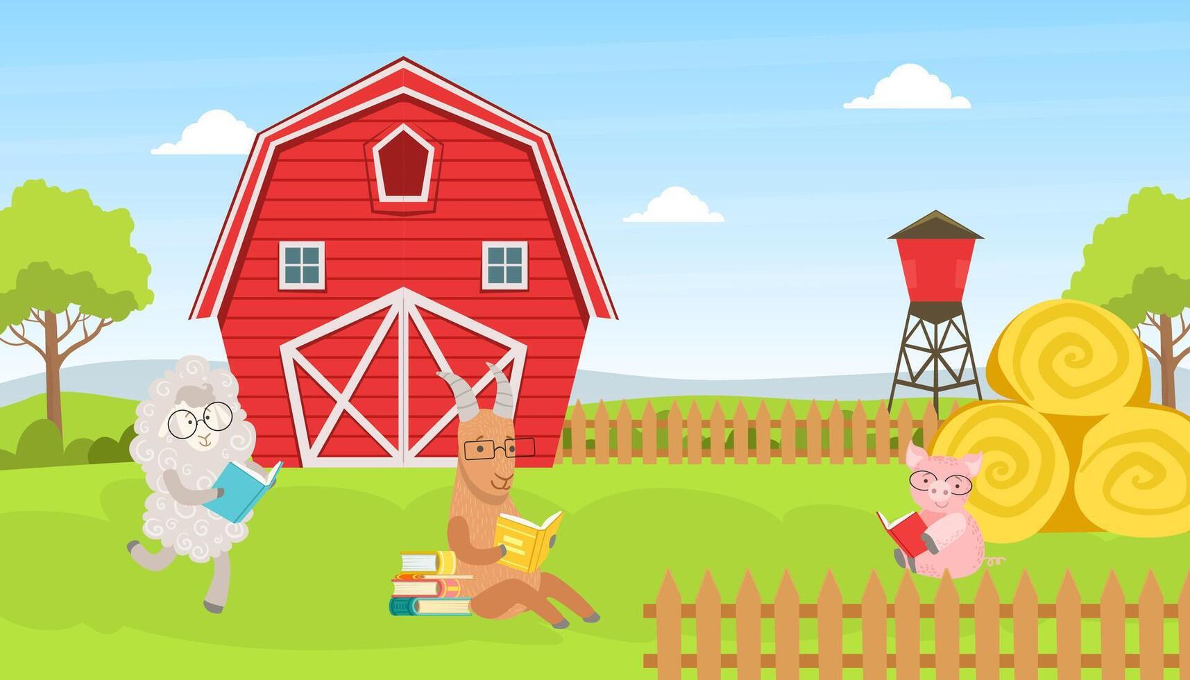 Beautiful Summer Rural Landscape with Green Field, Red Barn and Farm Humanized Animals Reading Books Cartoon Illustration vector
