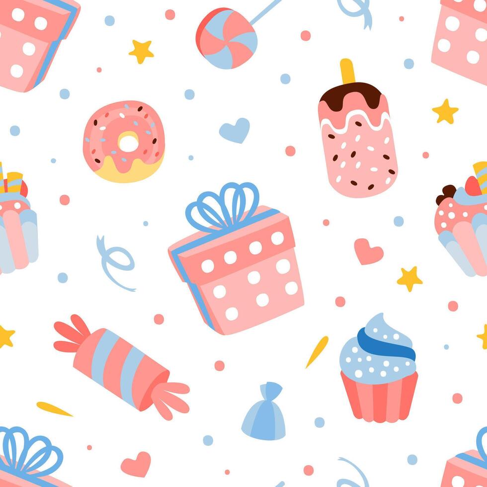 Birthday Party Seamless Pattern, Decorative Carnival or Childish Holiday Design, Wallpaper, Packaging, Background Cartoon Illustration vector