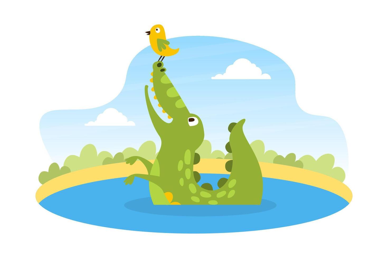 Cute Friendly Crocodile Sitting in the Pond with Lovely Bird on his Nose, Wild African Animal Character Cartoon Illustration vector