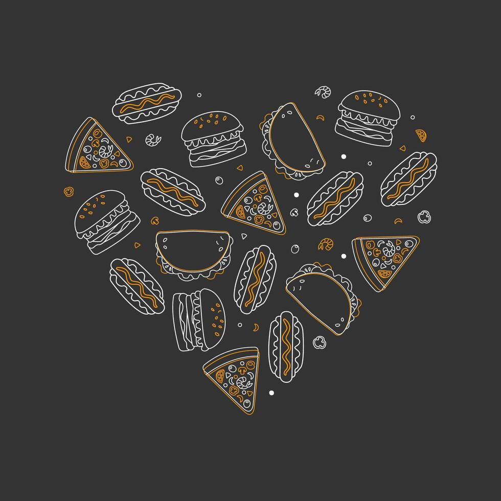 Fast Food Banner Template, Junk Food od Heart Shape, Restaurant or Cafe Menu Design Linear Illustration vector