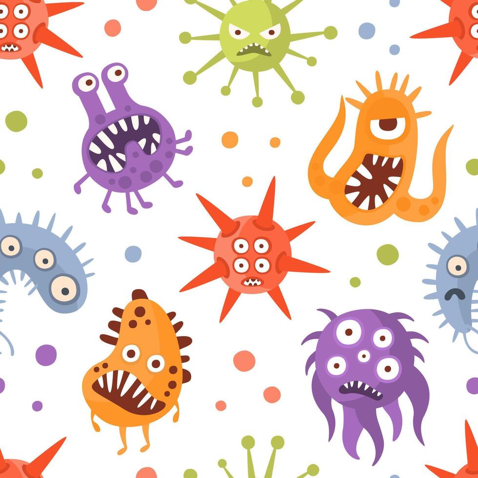 Various Microorganisms Seamless Pattern, Germs, Viruses and Microbes Characters, Design Element Can Be Used for Wallpaper, Packaging, Background Cartoon Illustration vector
