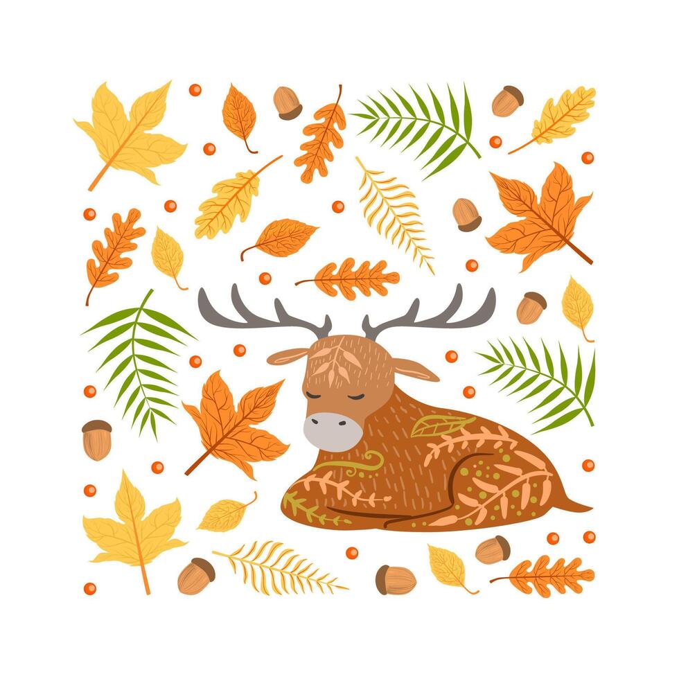 Autumn Forest Seamless Pattern of Square Shape, Colorful Fall Leaves and Woodland Moose Animal Cartoon Illustration vector