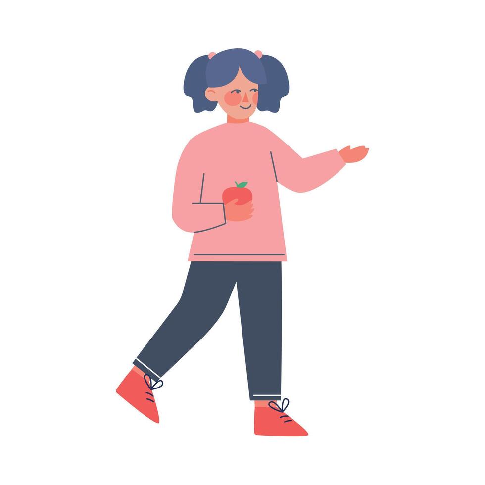 Cute Little Girl Holding Red Apple while Walking Illustration vector