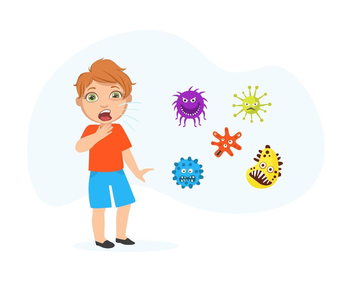 Coughing Boy Spreading Virus and Bacteria, Child Suffering from Flu and Cough Cartoon Illustration vector